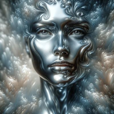 The primary subject of the image is a woman's face, which is the main focus of the image. The setting is a cloudy background, and the visual style is digital art. The colors in the image are predominantly silver, giving the image a futuristic and metallic appearance. The overall atmosphere is one of intrigue and mystery, as the woman's face is the only recognizable feature in the image.